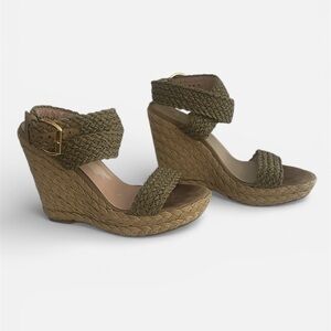Stuart Weitzman 'Alex' Olive Green and Tan Wedge Women’s Sandals Size 9